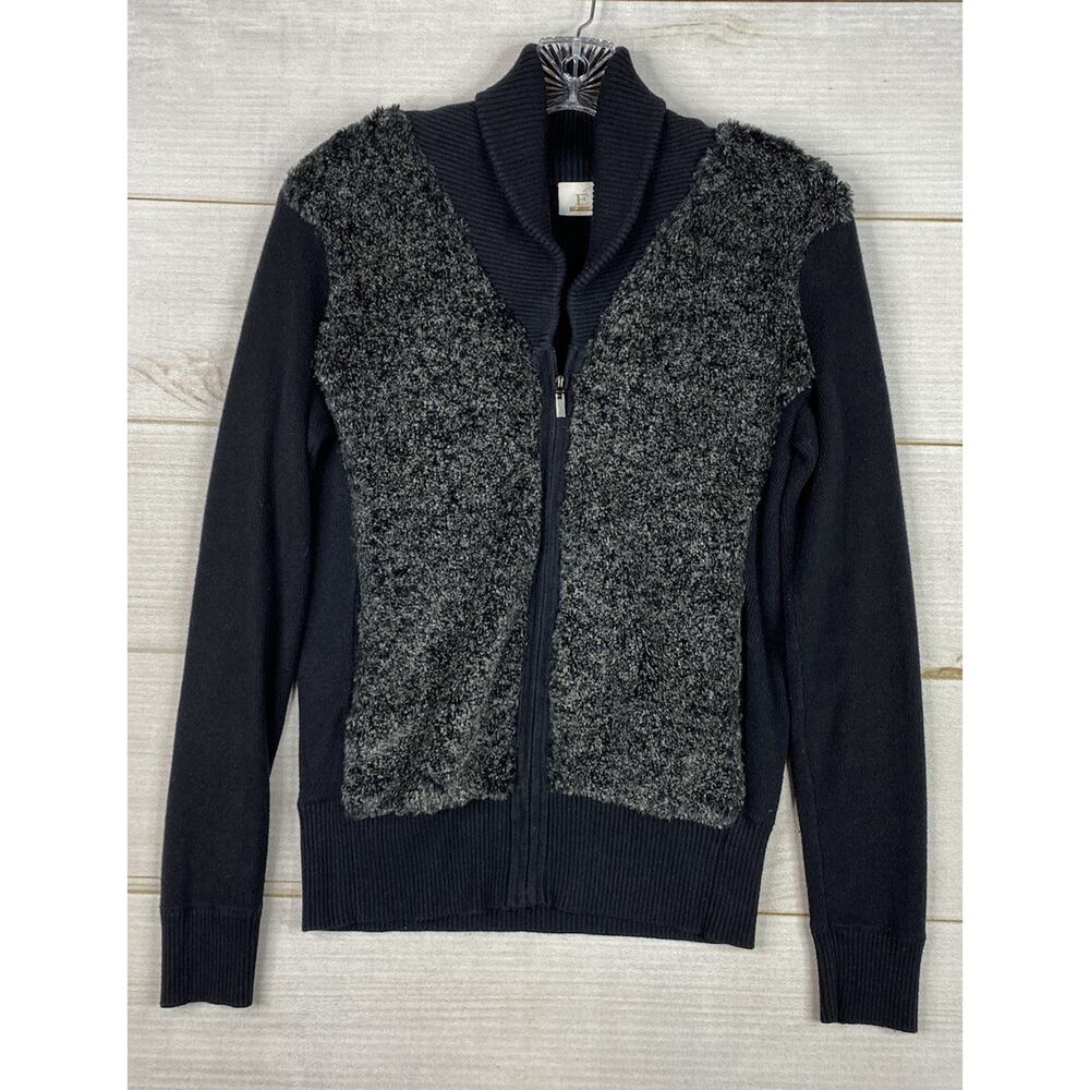 EP Pro Sweater Womens Sz S Black Faux Fur Full Zip Long Sleeve Golf Cardigan